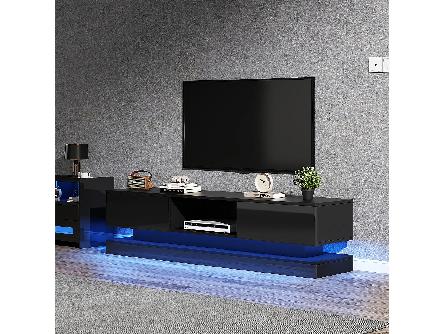 Mueble de TV bajo negro de 160 cm con LED, Bluetooth, 2 cajones, control por aplicación, antivuelco para sala de estar