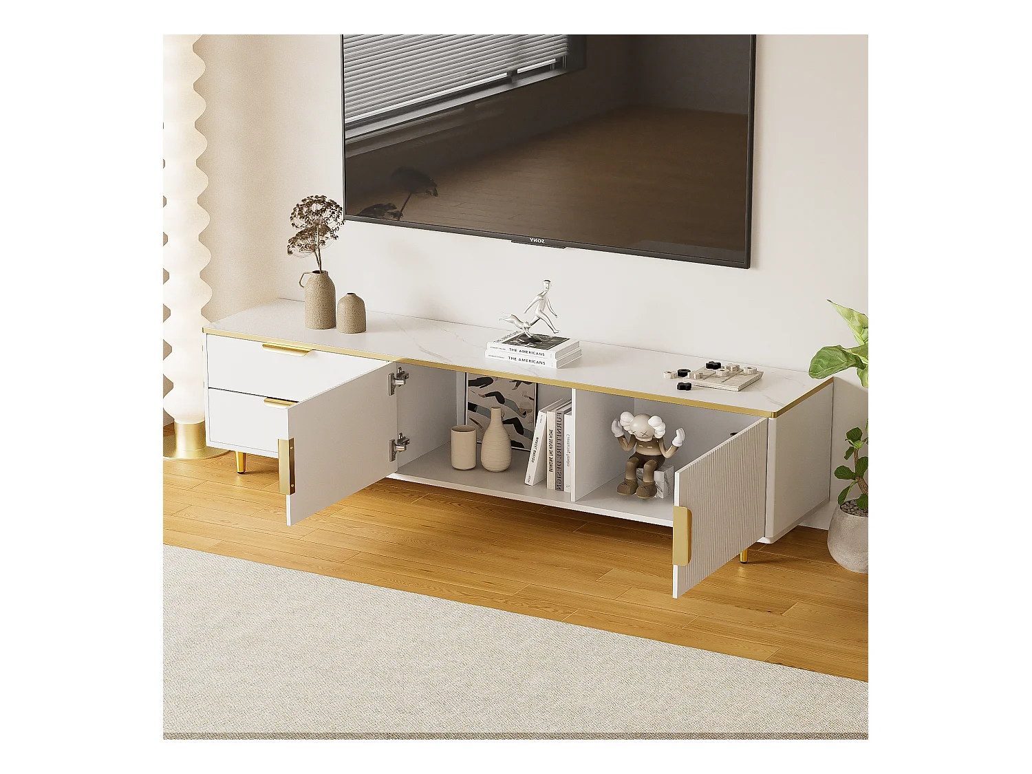 Mobile TV 175 cm bois blanc et doré con rangement scolpito salone