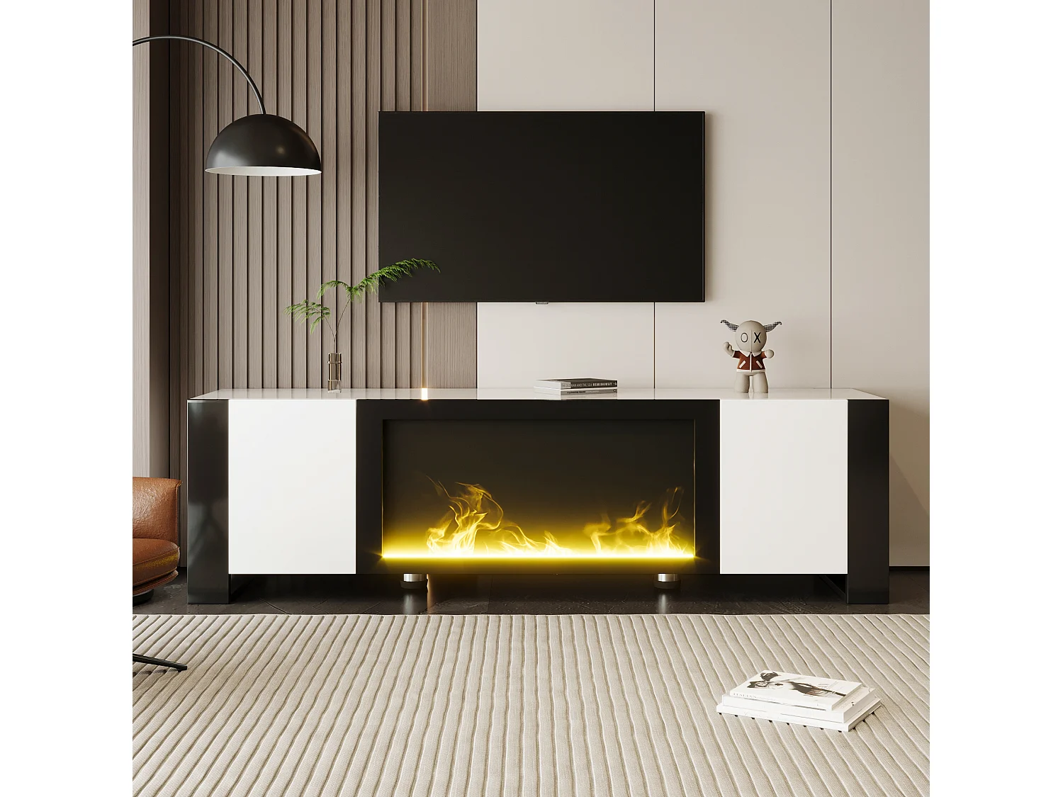 Mueble de TV blanco brillante de 165 cm con chimenea eléctrica decorativa con efecto llama para salón