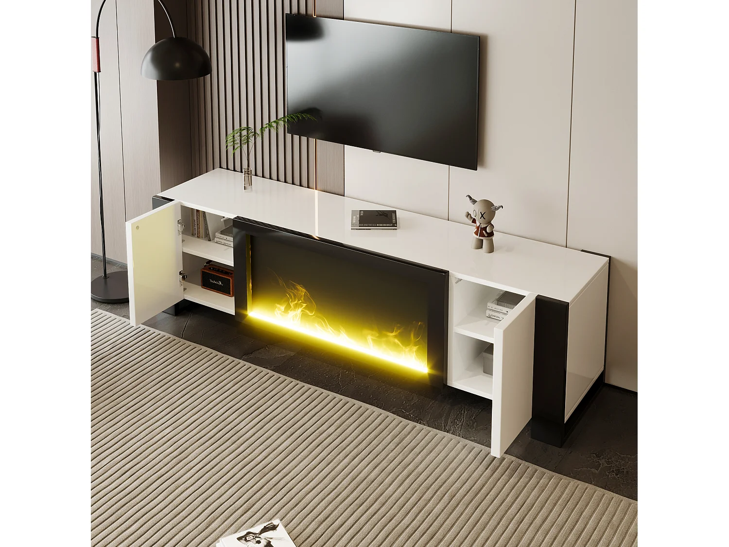 Mueble de TV blanco brillante de 165 cm con chimenea eléctrica decorativa con efecto llama para salón