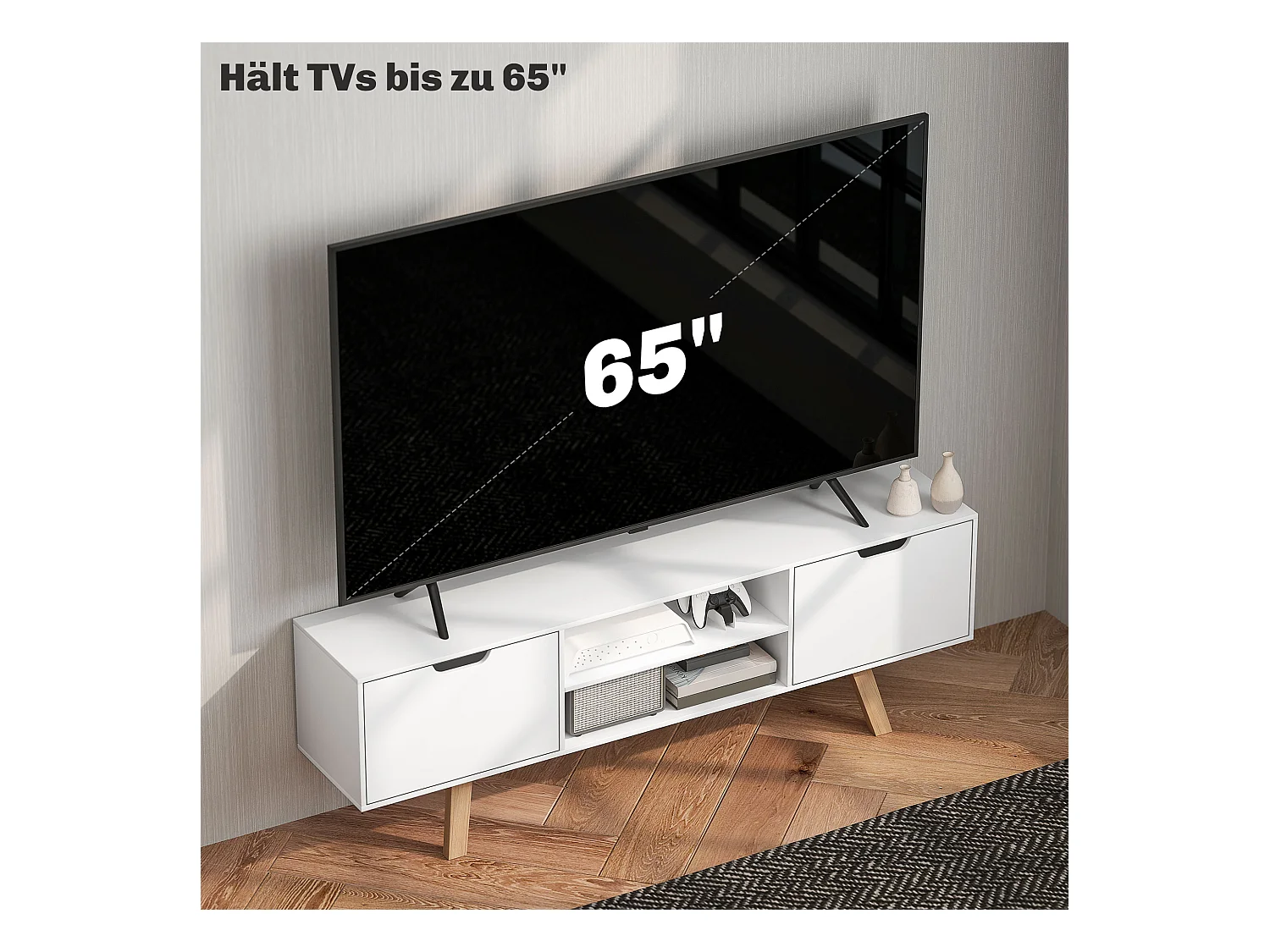 Mueble bajo para TV de 150 cm, color blanco, con 2 armarios y 2 estantes para TV de hasta 65 pulgadas, para salón, MDF/Spanplatten