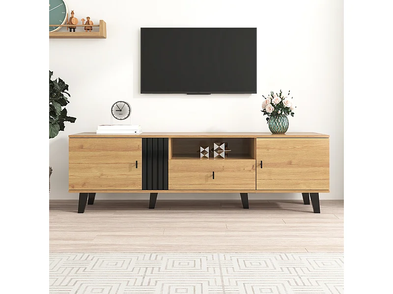 Mueble de TV de 170 cm en madera y negro, con 2 puertas y 1 cajón, moderno y práctico para salón.