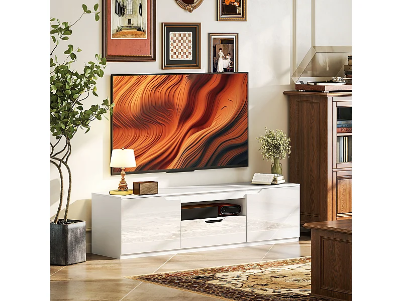 Mueble bajo para TV blanco de 160 cm con 2 puertas, 1 cajón y gestión de cables para TV de hasta 65 pulgadas. Sala de estar.