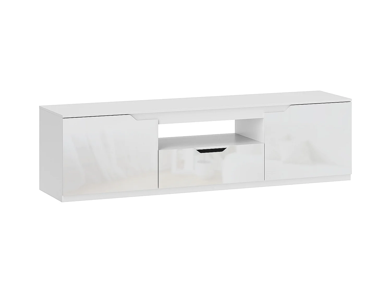 Mueble bajo para TV blanco de 160 cm con 2 puertas, 1 cajón y gestión de cables para TV de hasta 65 pulgadas. Sala de estar.