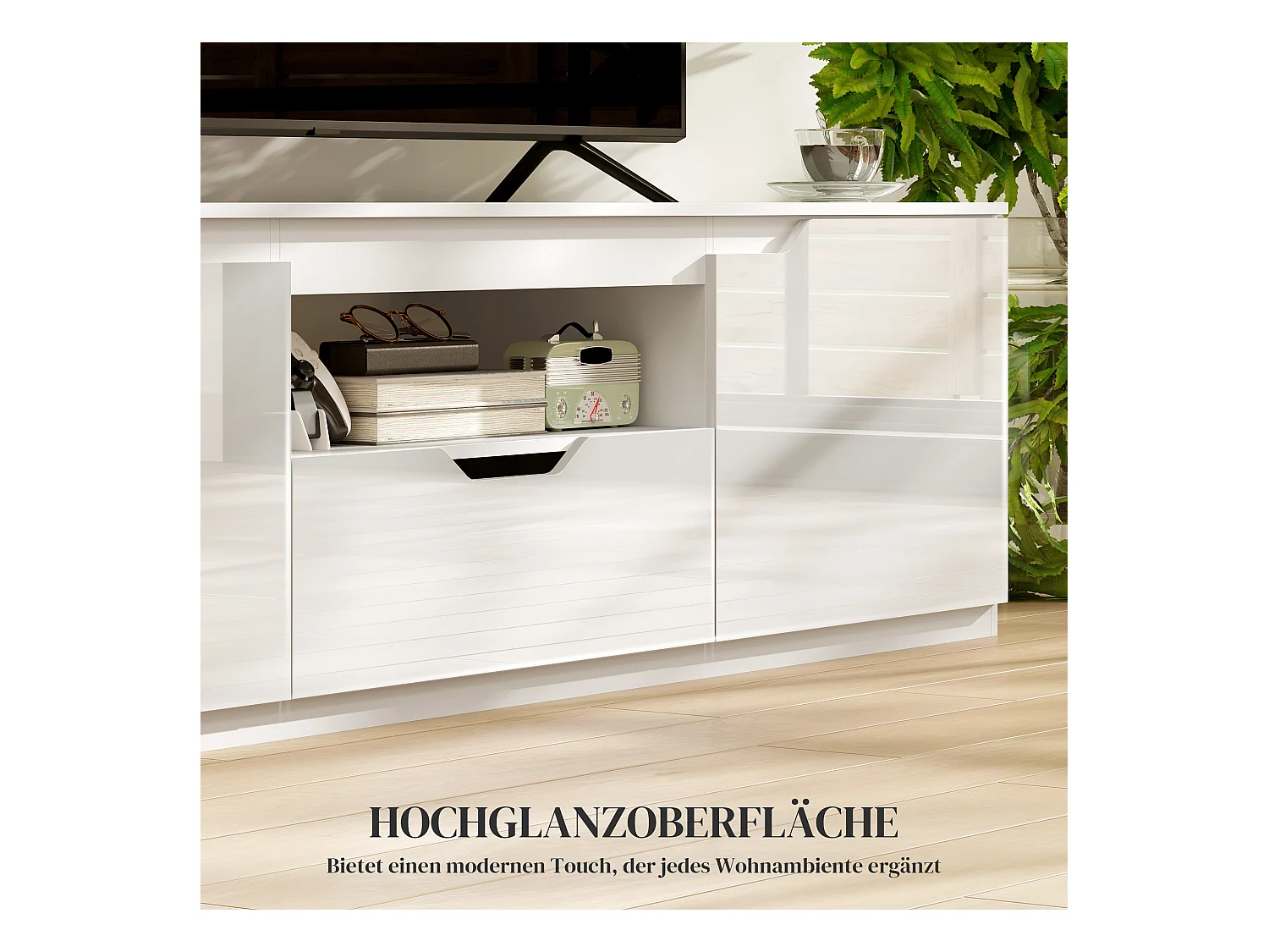 Mueble bajo para TV blanco de 160 cm con 2 puertas, 1 cajón y gestión de cables para TV de hasta 65 pulgadas. Sala de estar.