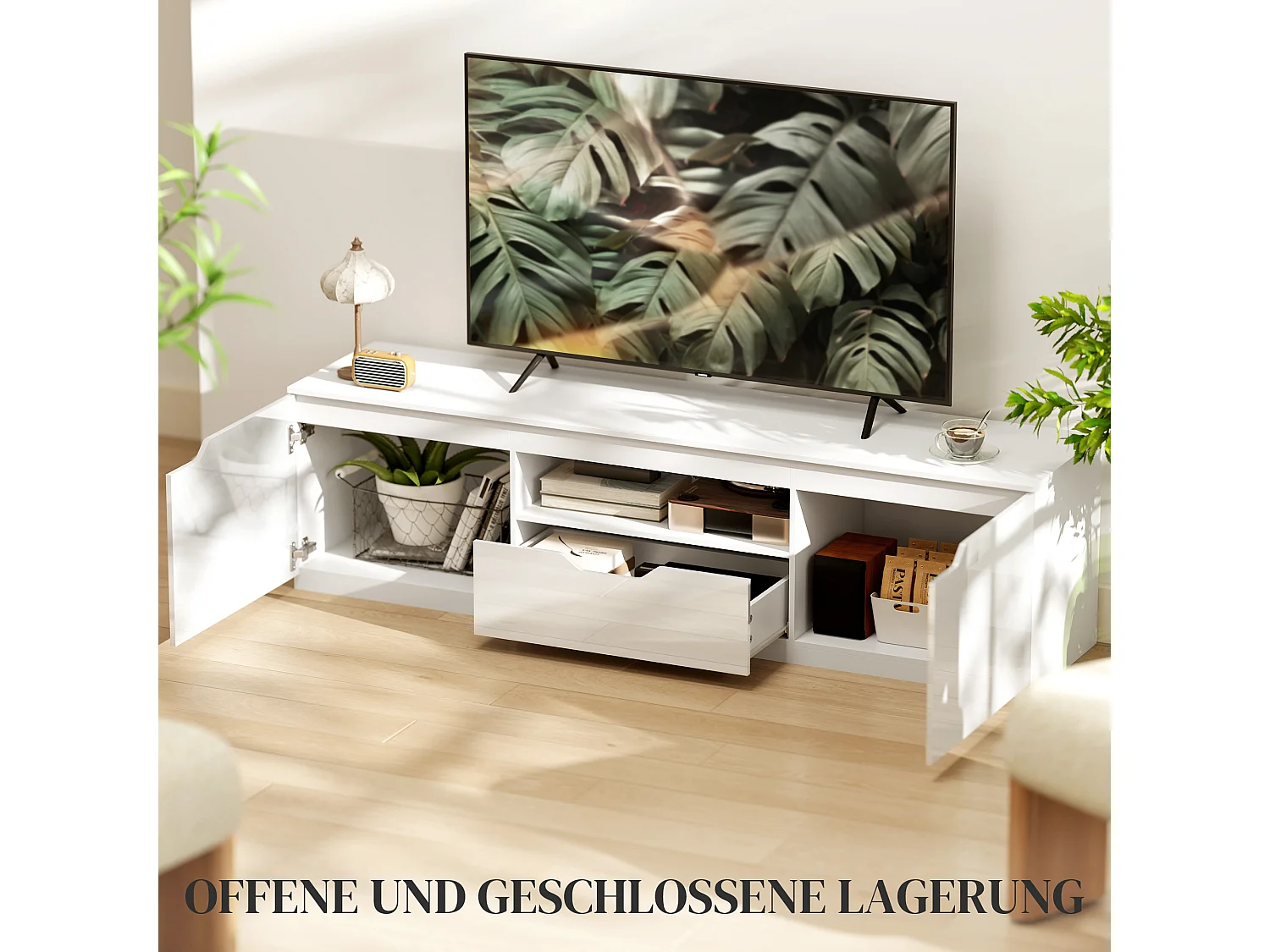 TV lowboard 160 cm Blanc avec 2 Portes 1 Tiroir Gestion Câbles pour Téléviseur jusqu'à 65 Pouces Salon