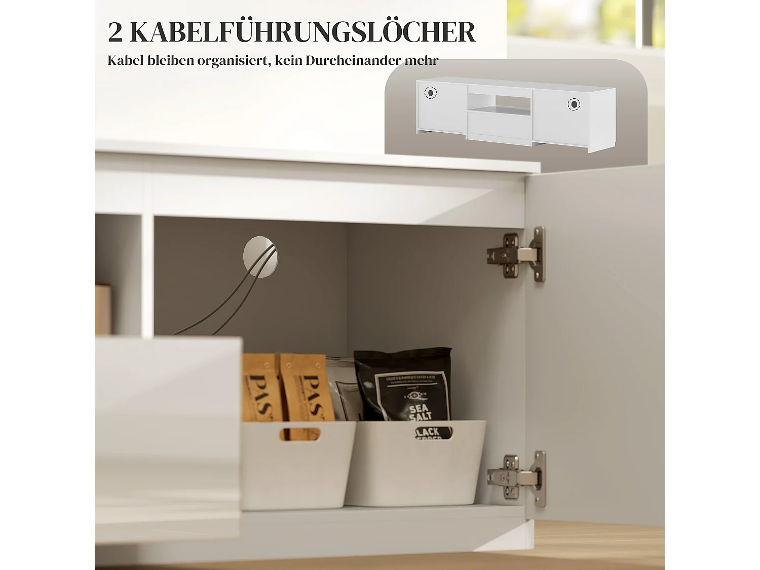 TV lowboard 160 cm Blanc avec 2 Portes 1 Tiroir Gestion Câbles pour Téléviseur jusqu'à 65 Pouces Salon