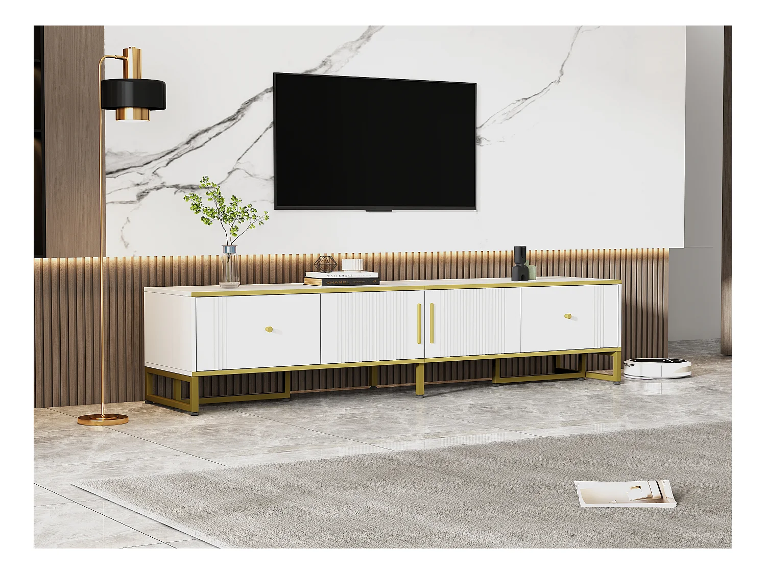 Móvel de TV Branco 180 cm Moldura Dourada 2 Portas 2 Gavetas Pés Ajustáveis ​​para 80 Polegadas
