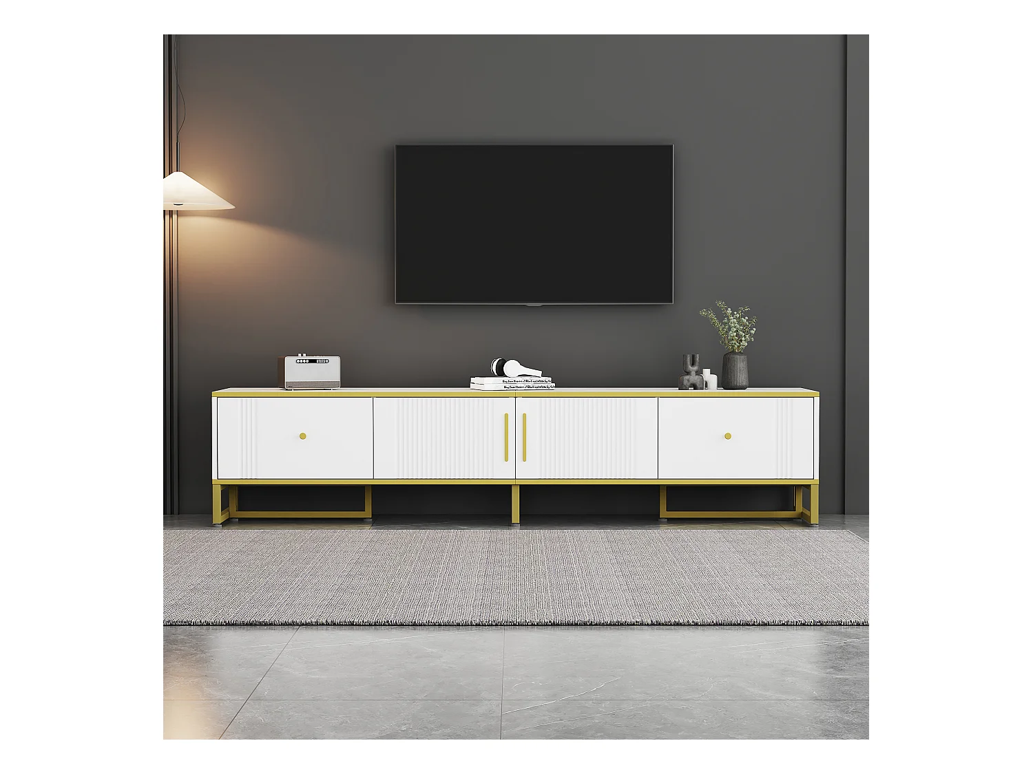 Móvel de TV Branco 180 cm Moldura Dourada 2 Portas 2 Gavetas Pés Ajustáveis ​​para 80 Polegadas