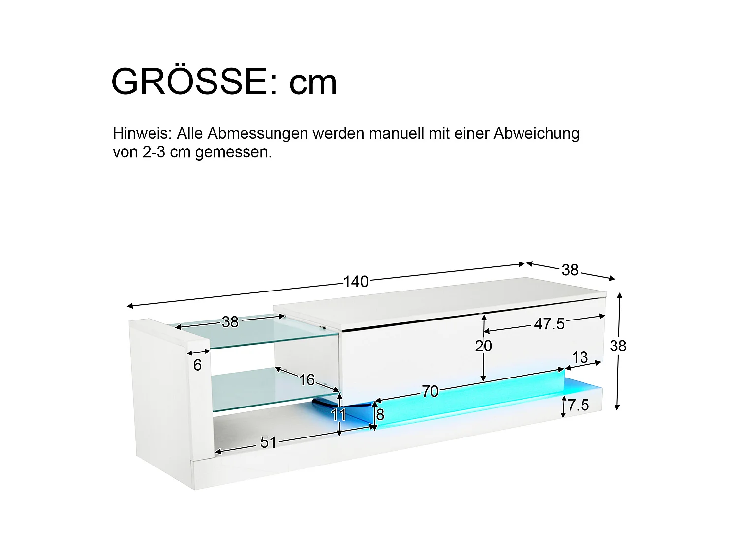 Suporte de TV branco brilhante de 140 cm com LED de 16 cores para TV de 60 polegadas, sala de estar moderna