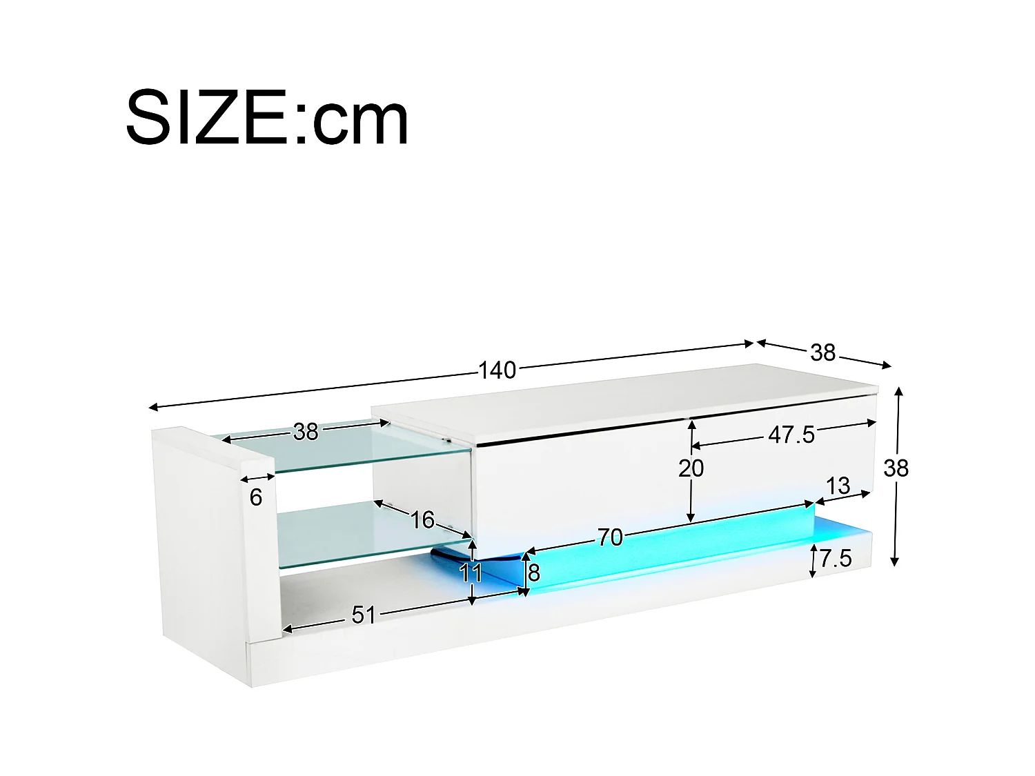 Suporte de TV branco brilhante de 140 cm com LED de 16 cores para TV de 60 polegadas, sala de estar moderna