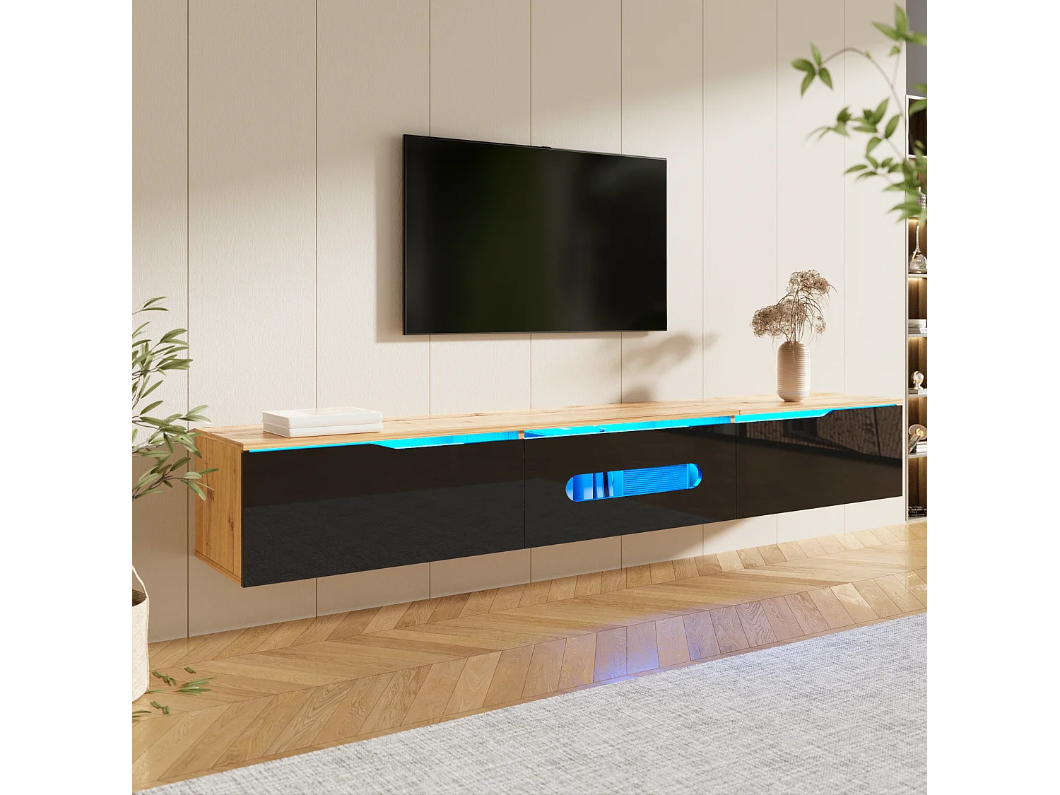 Soporte de TV de 180 cm en madera y negro con LED RGB y 16 colores para montar en la pared para una sala de estar moderna.
