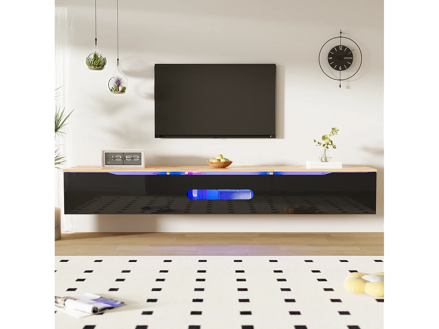 Soporte de TV de 180 cm en madera y negro con LED RGB y 16 colores para montar en la pared para una sala de estar moderna.