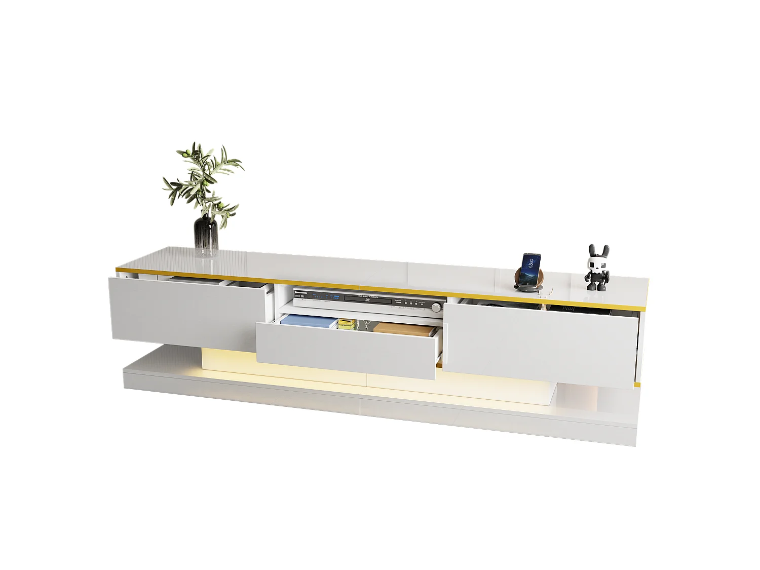 Mueble de TV moderno blanco de 180 cm con 3 cajones e iluminación ambiental LED RGB para salón.