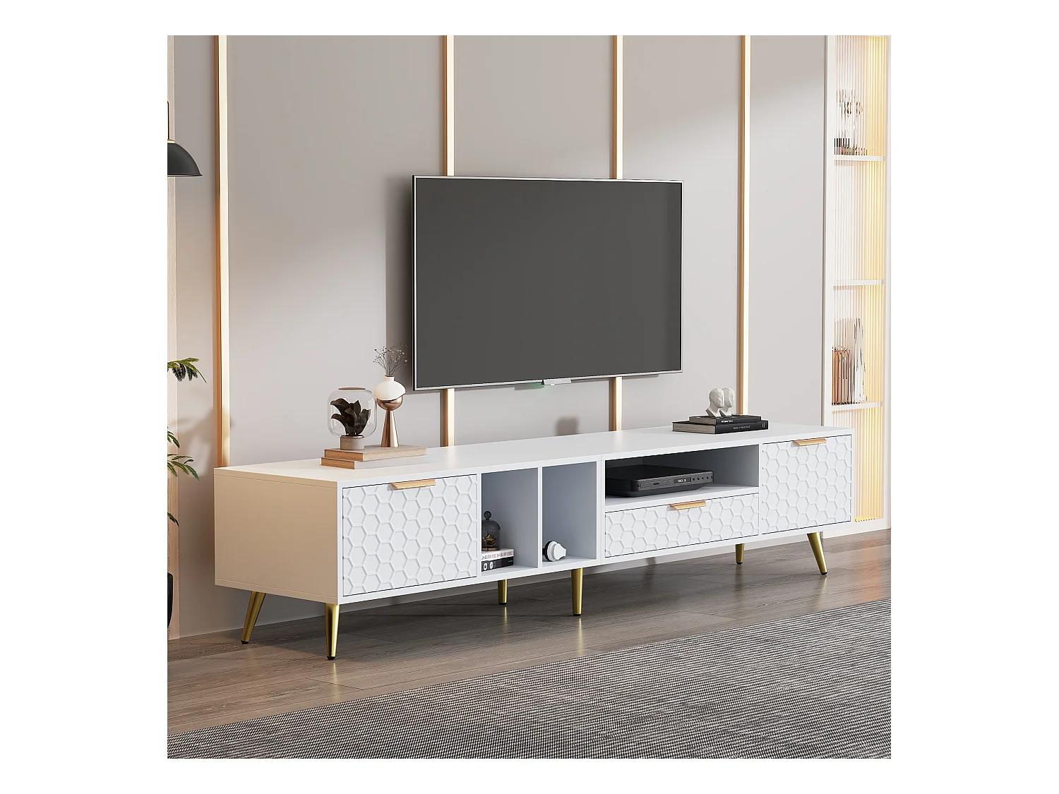Móvel de TV branco de 180 cm com design em formato de favo de mel e pernas douradas, 80 polegadas, armazenamento para TV, sala de estar