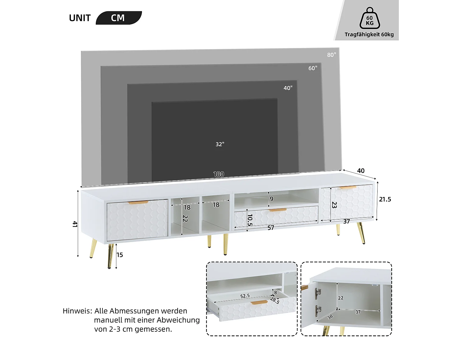 Mueble de TV blanco de 180 cm con diseño de panal y patas doradas para sala de estar.