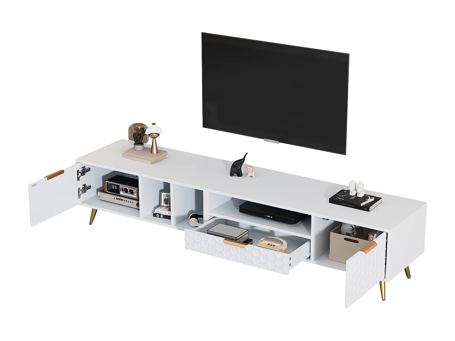 Mueble de TV blanco de 180 cm con diseño de panal y patas doradas para sala de estar.