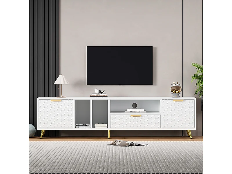 Mobile TV Blanc 180 cm Design Alvéolé Pieds Dorés Rangement TV 80 Pouces Salon