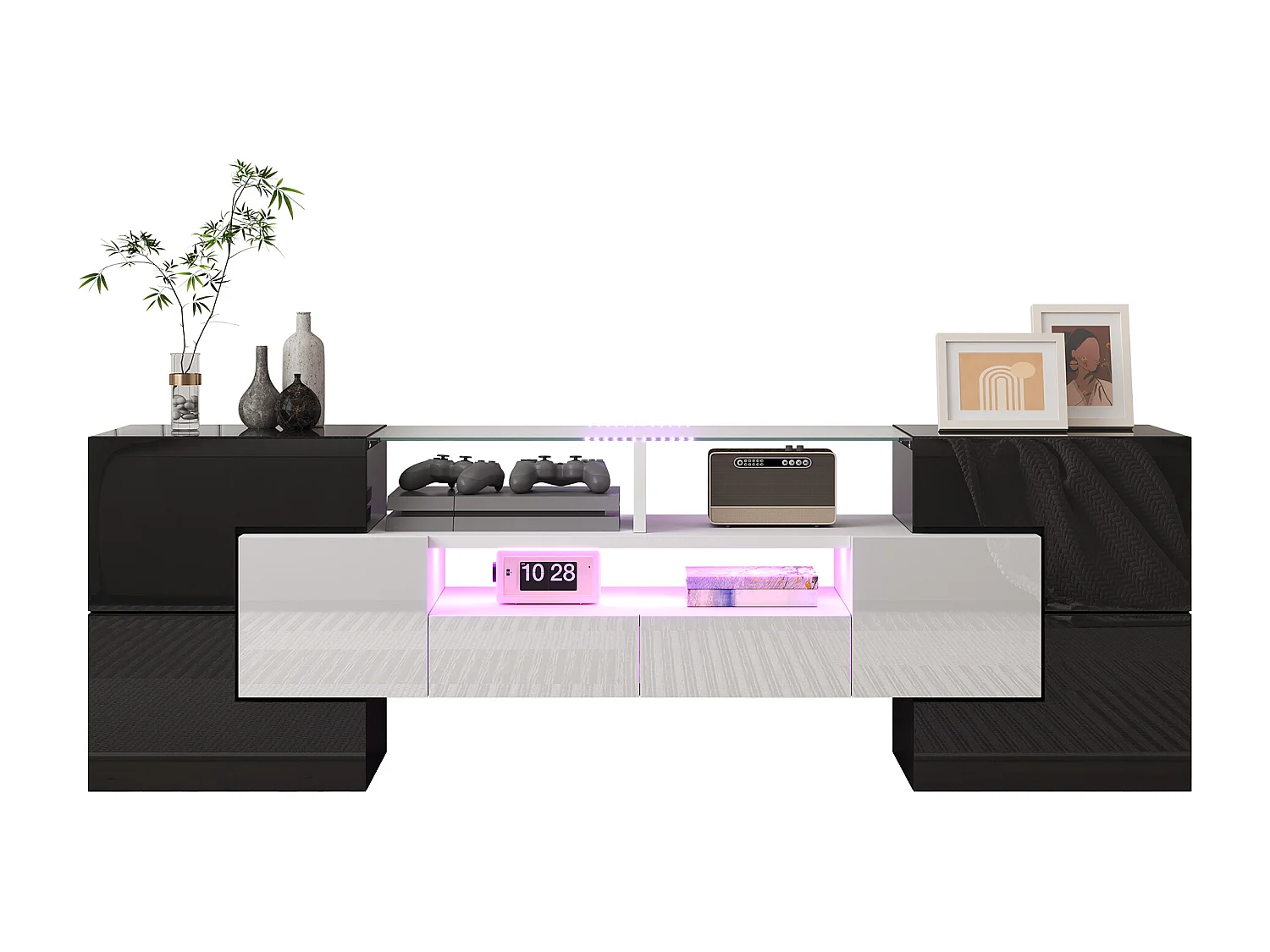 Meuble TV Moderne 145 cm Blanc Brillant LED Meuble Télé Salon Rangement Lowboard