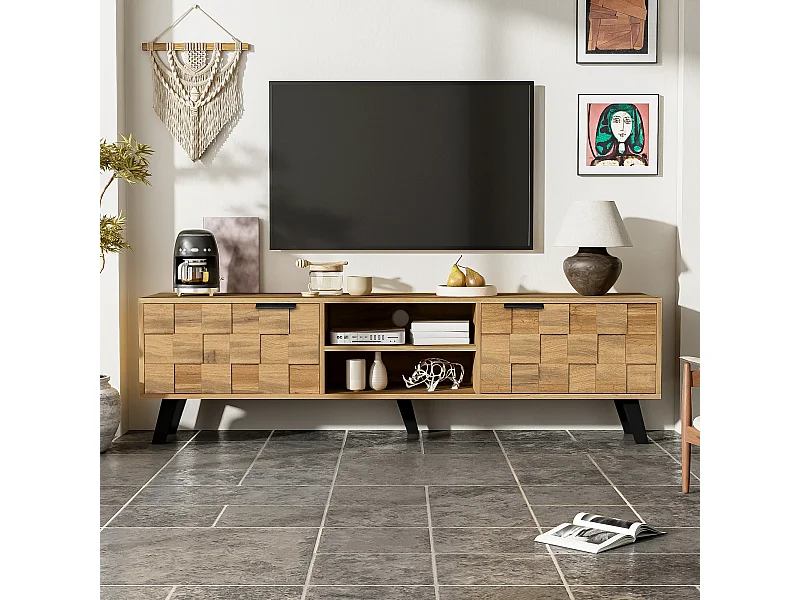 Mueble de TV moderno con 2 puertas y 2 nichos abiertos en panel de madera blanco de 160 cm