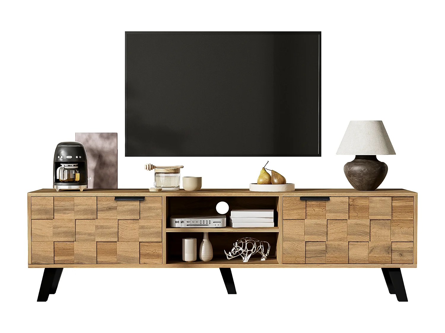 Mueble de TV moderno con 2 puertas y 2 nichos abiertos en panel de madera blanco de 160 cm