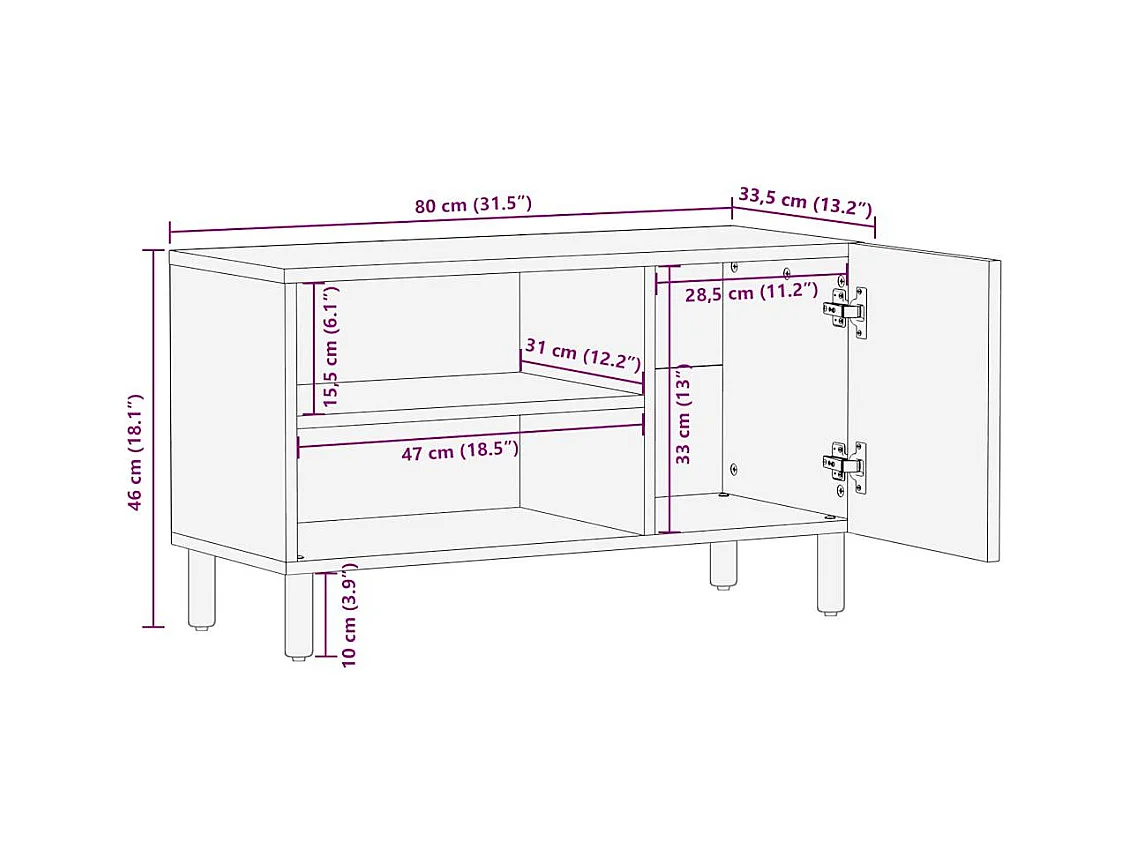 Meuble TV noir 80x33,5x46 cm bois massif manguier brut