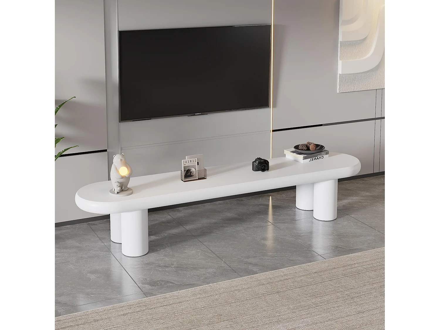 Suporte de TV branco 160 cm design minimalista 4 pernas para TV de 65 polegadas sala de estar