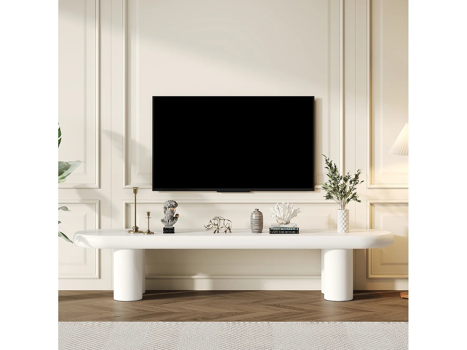 Suporte de TV branco 160 cm design minimalista 4 pernas para TV de 65 polegadas sala de estar