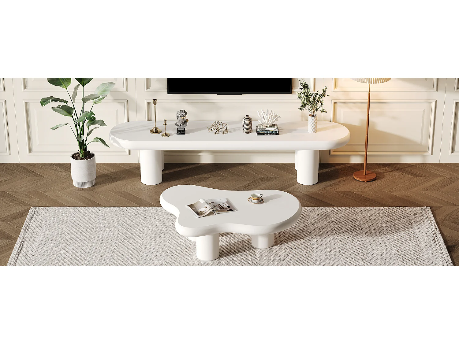 Conjunto de mueble de TV blanco de 160 cm + mesa de diseño moderno en forma de nube para salón moderno