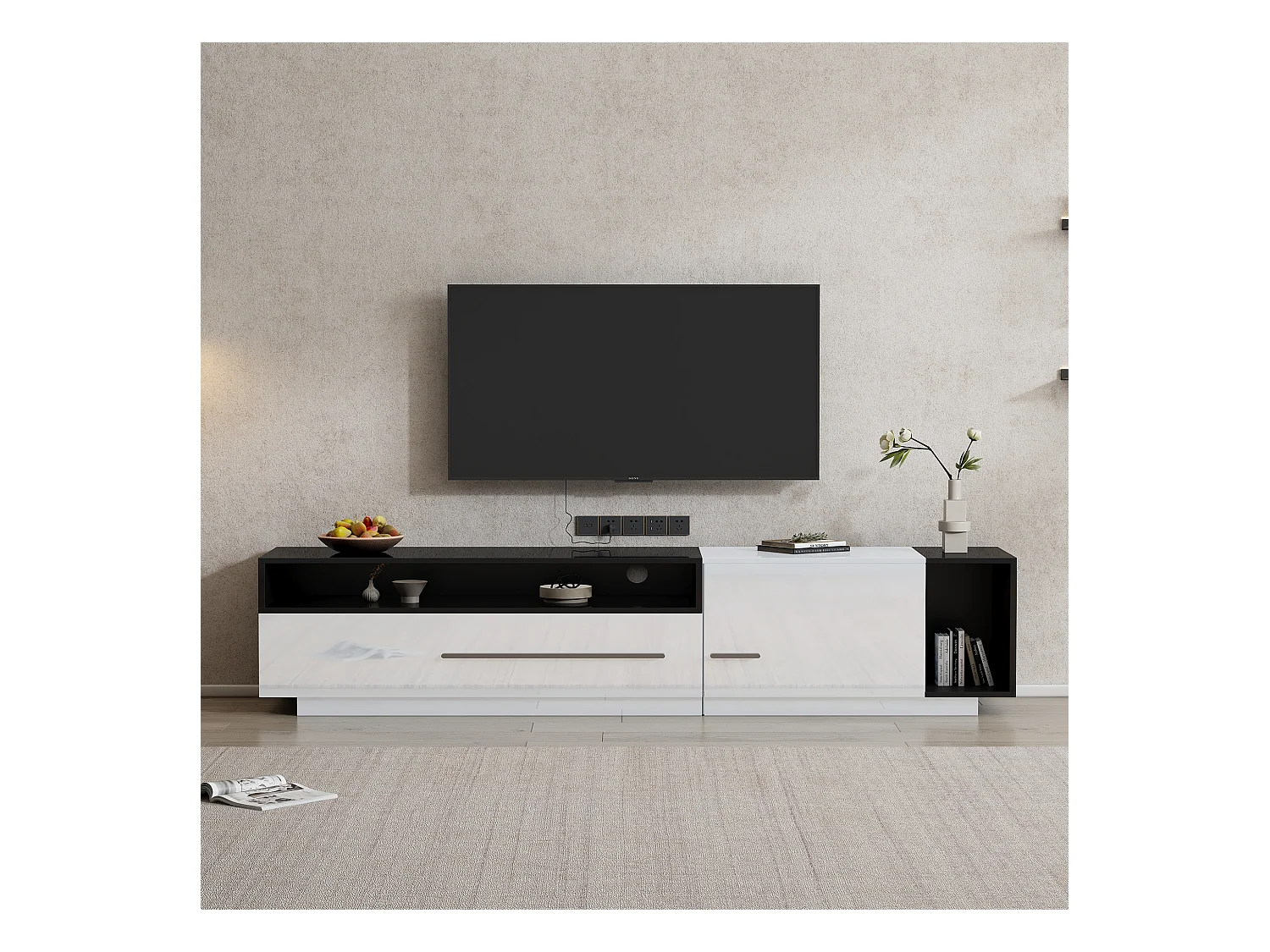 Mobile TV Blanc Noir 170cm Brillant 1 Porte 1 Tiroir Étagère Ouverte pour Salon Moderne
