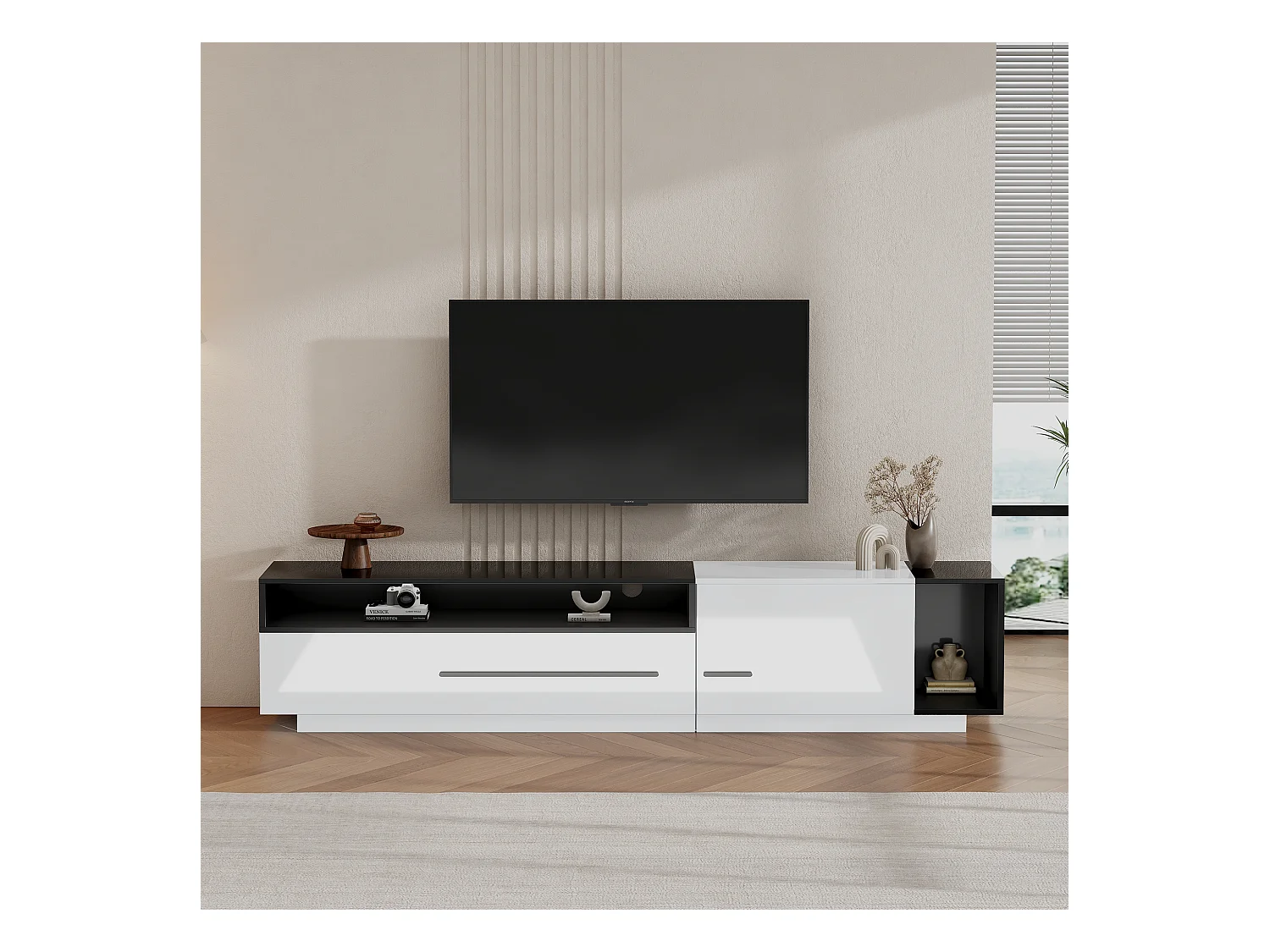 Mobile TV Blanc Noir 170cm Brillant 1 Porte 1 Tiroir Étagère Ouverte pour Salon Moderne