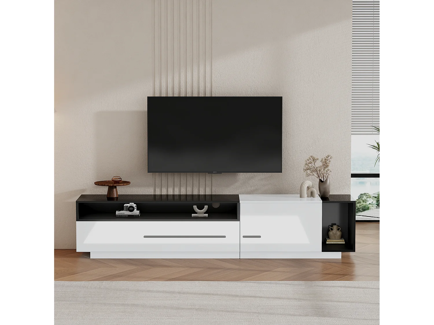 Mobile TV Blanc Noir 170cm Brillant 1 Porte 1 Tiroir Étagère Ouverte pour Salon Moderne