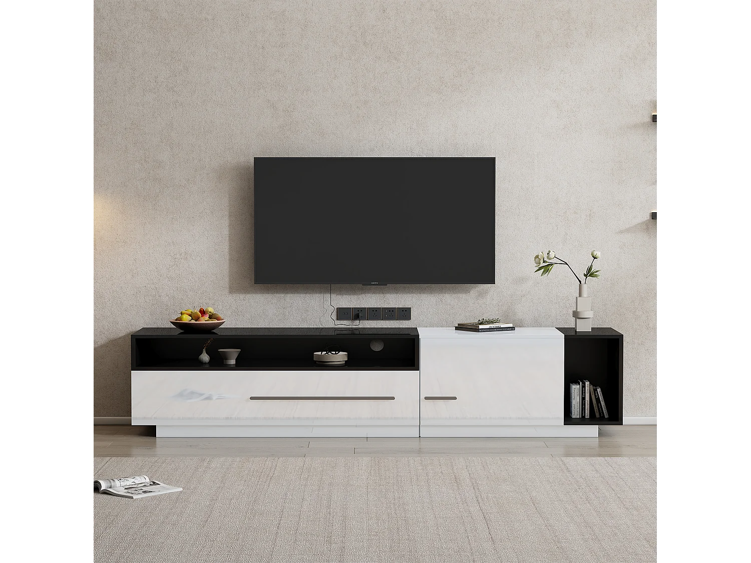Mueble de TV blanco y negro brillante de 170 cm, 1 puerta, 1 cajón y estante abierto para salón moderno.
