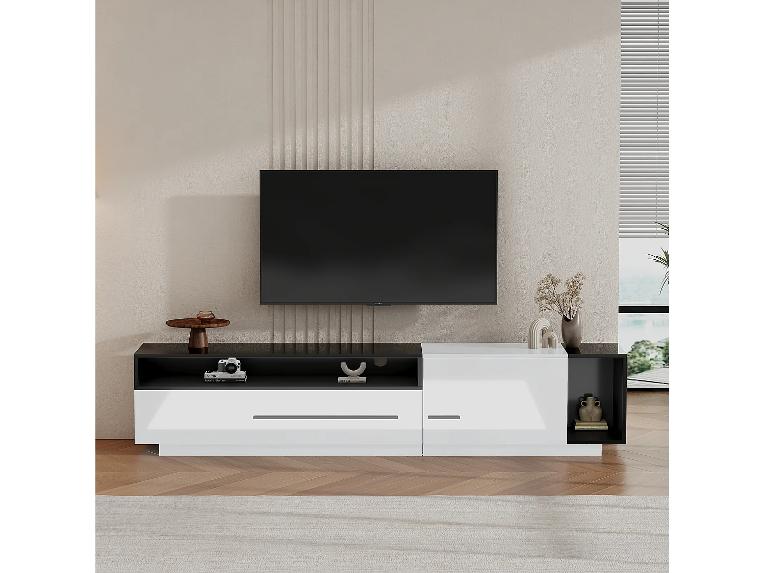 Mueble de TV blanco y negro brillante de 170 cm, 1 puerta, 1 cajón y estante abierto para salón moderno.