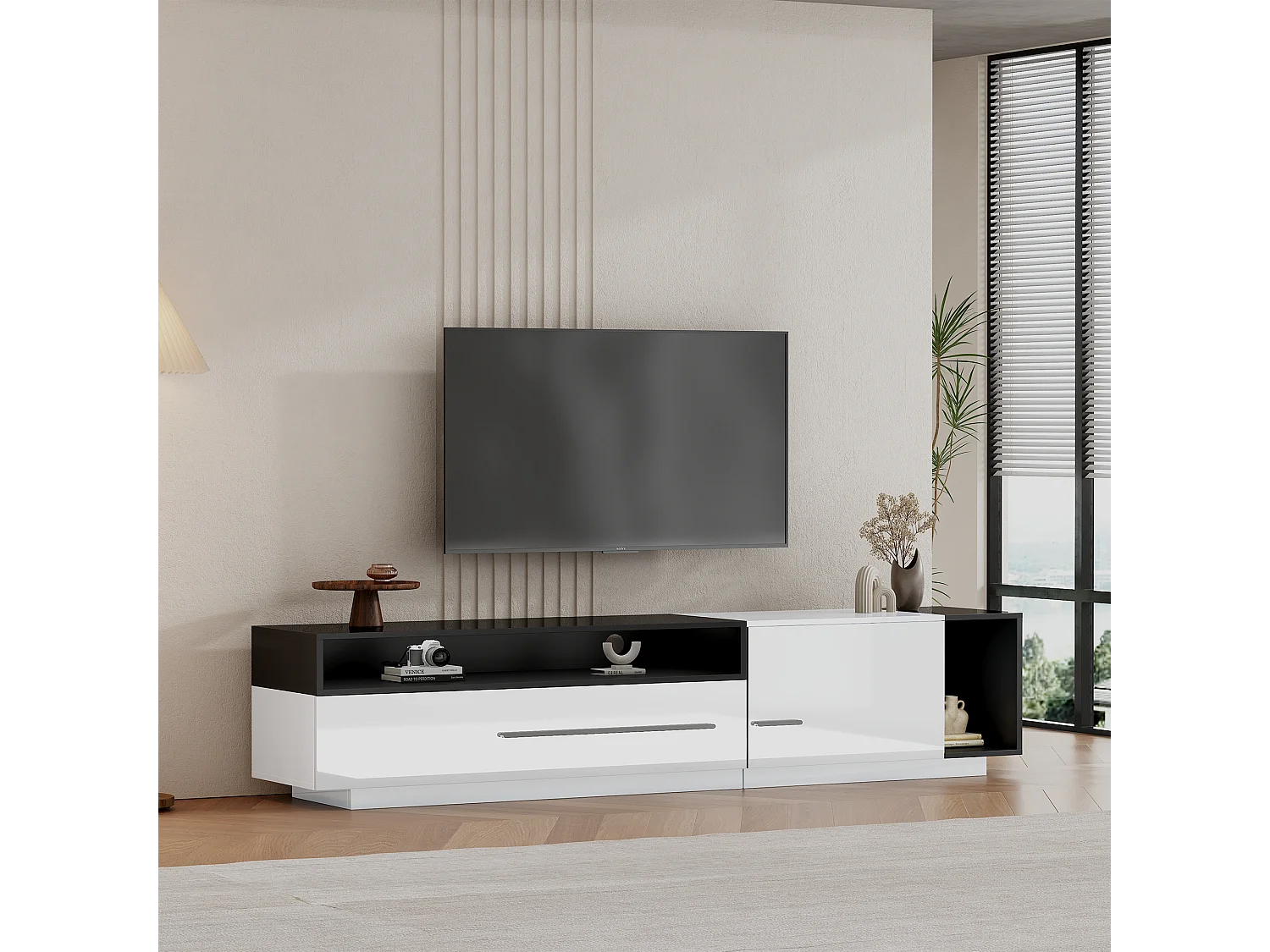 Mueble de TV blanco y negro brillante de 170 cm, 1 puerta, 1 cajón y estante abierto para salón moderno.