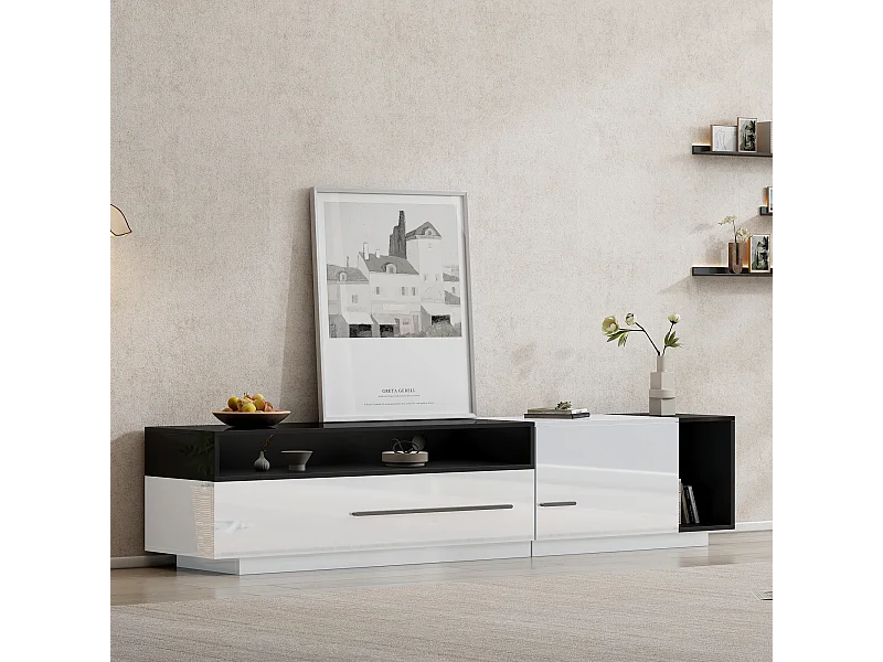 Móvel de TV Branco Preto 170cm Brilhante 1 Porta 1 Gaveta Prateleira Aberta para Sala de Estar Moderna