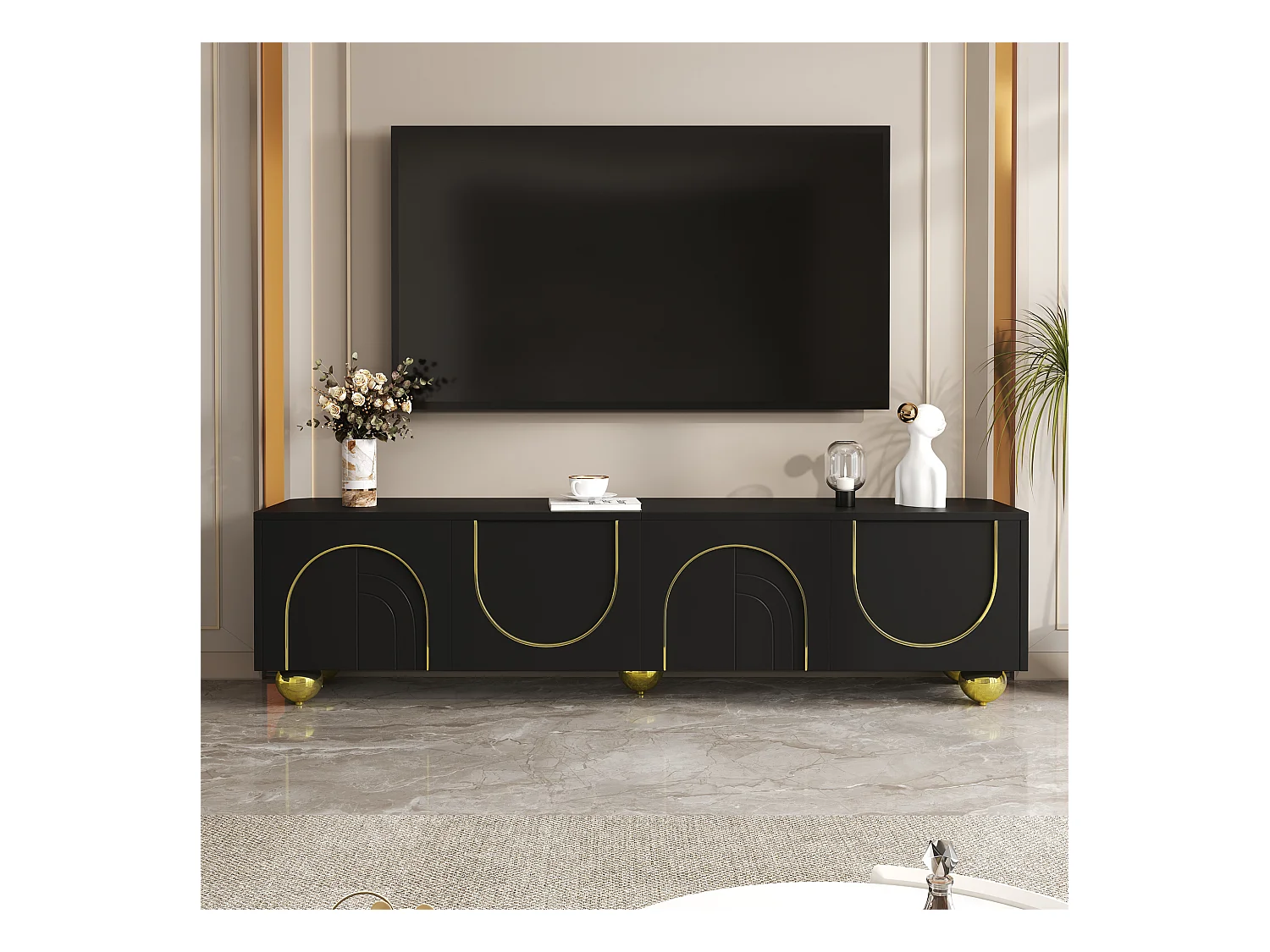 Mueble TV de MDF negro y dorado de 170 cm, 4 puertas con estantes y patas redondas para salón