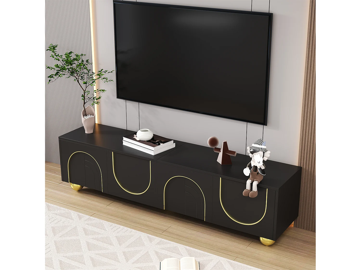 Mueble TV de MDF negro y dorado de 170 cm, 4 puertas con estantes y patas redondas para salón