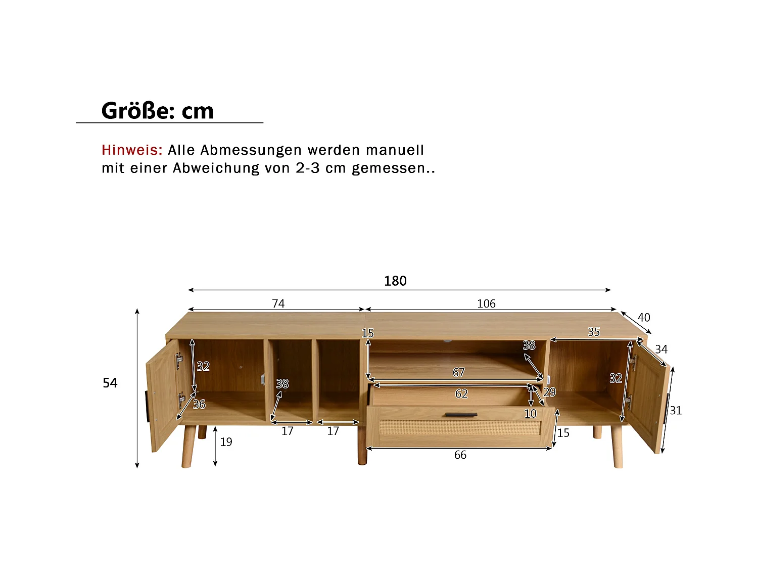 Mueble de TV de estilo natural de 180 cm con puertas de ratán para sala de estar con TV de 80 pulgadas