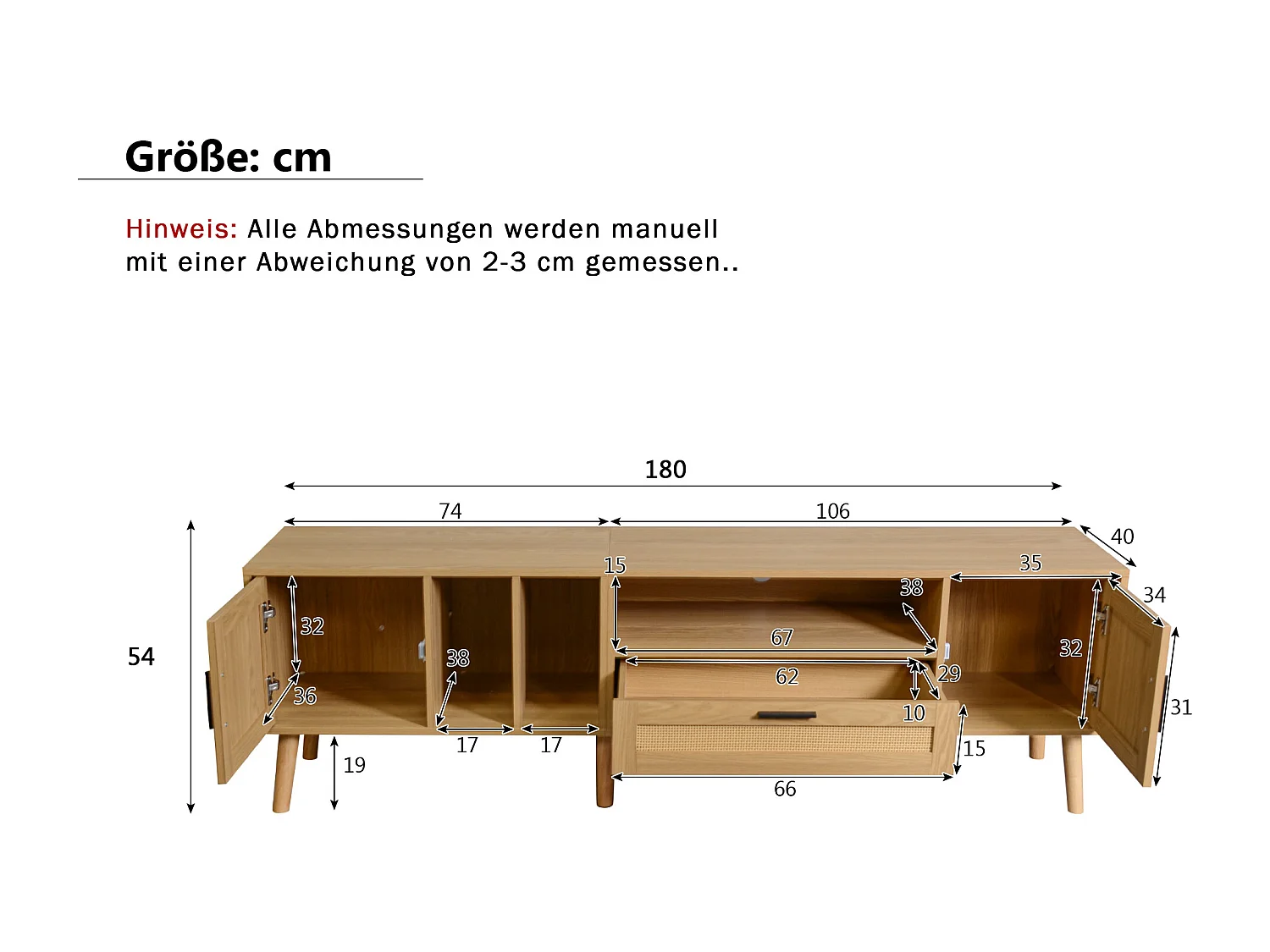 Mueble de TV de estilo natural de 180 cm con puertas de ratán para sala de estar con TV de 80 pulgadas