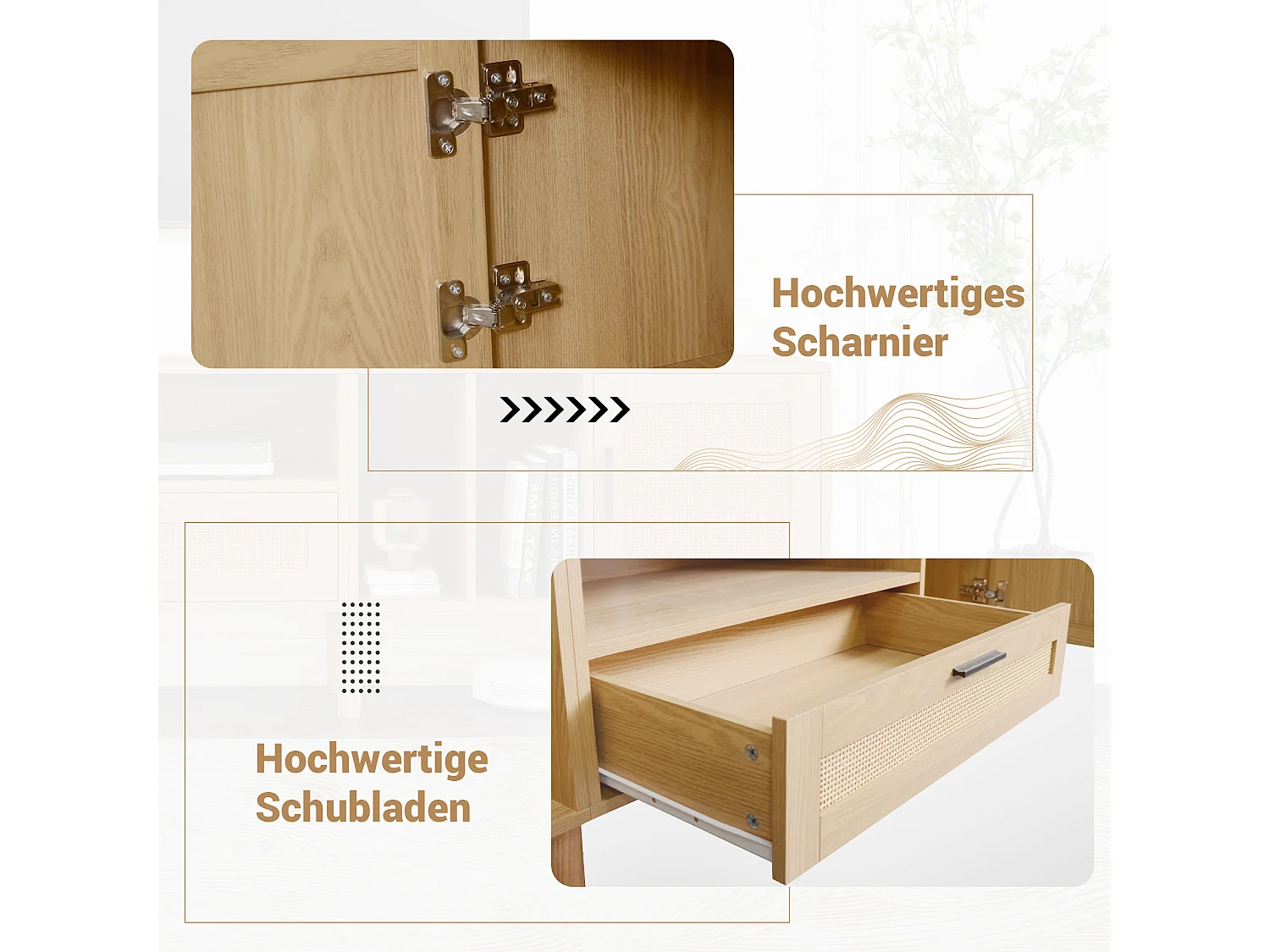 Mueble de TV de estilo natural de 180 cm con puertas de ratán para sala de estar con TV de 80 pulgadas