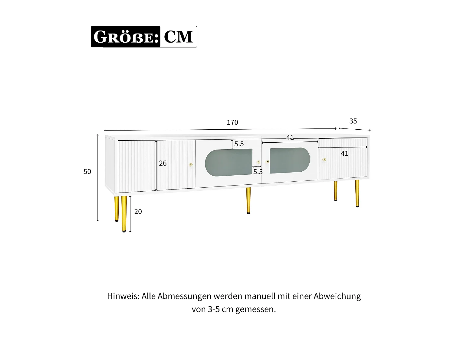 Mueble de TV blanco de 170 cm con patas doradas, 4 puertas, cristal curvo, moderno, para sala de estar.