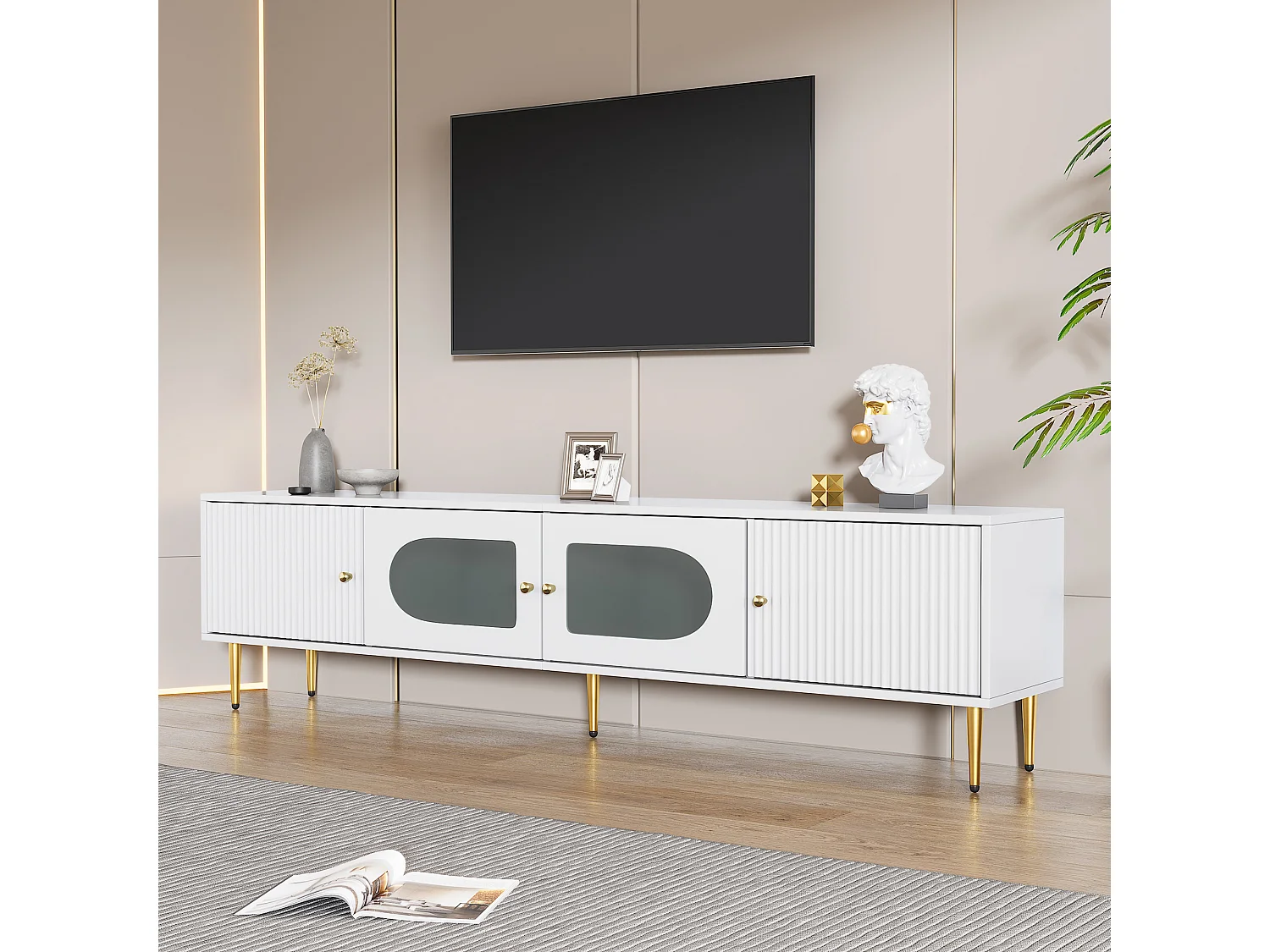 Mueble de TV blanco de 170 cm con patas doradas, 4 puertas, cristal curvo, moderno, para sala de estar.