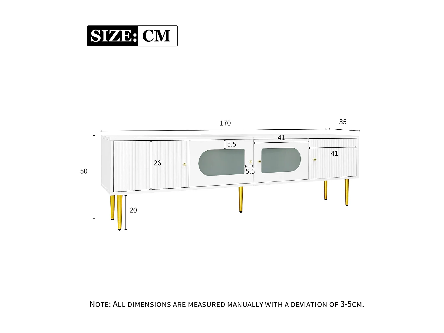 Mueble de TV blanco de 170 cm con patas doradas, 4 puertas, cristal curvo, moderno, para sala de estar.