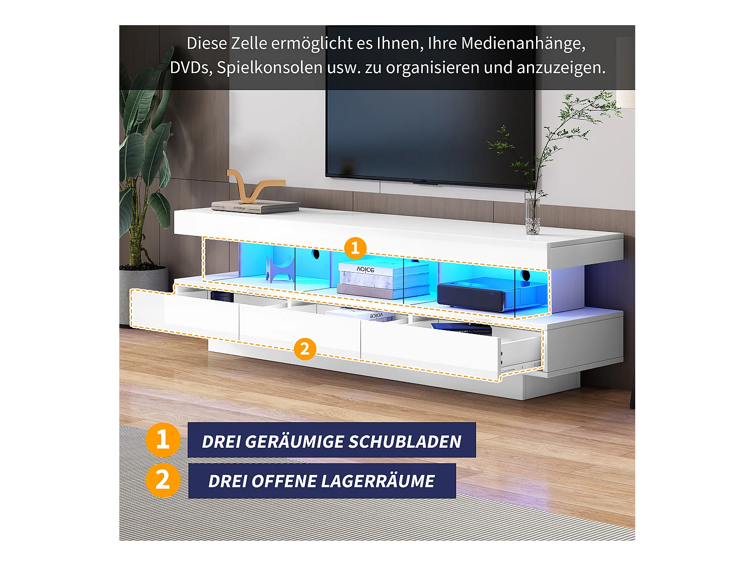 Armário de TV branco de 160 cm com 3 armários de exposição de LED, controle por aplicativo Bluetooth para sala de estar moderna