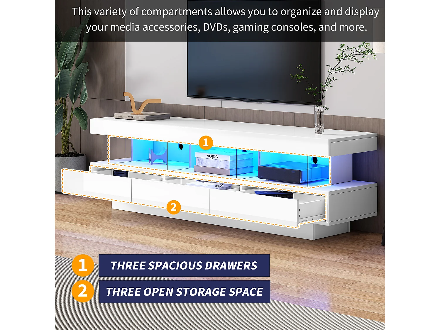 Armário de TV branco de 160 cm com 3 armários de exposição de LED, controle por aplicativo Bluetooth para sala de estar moderna