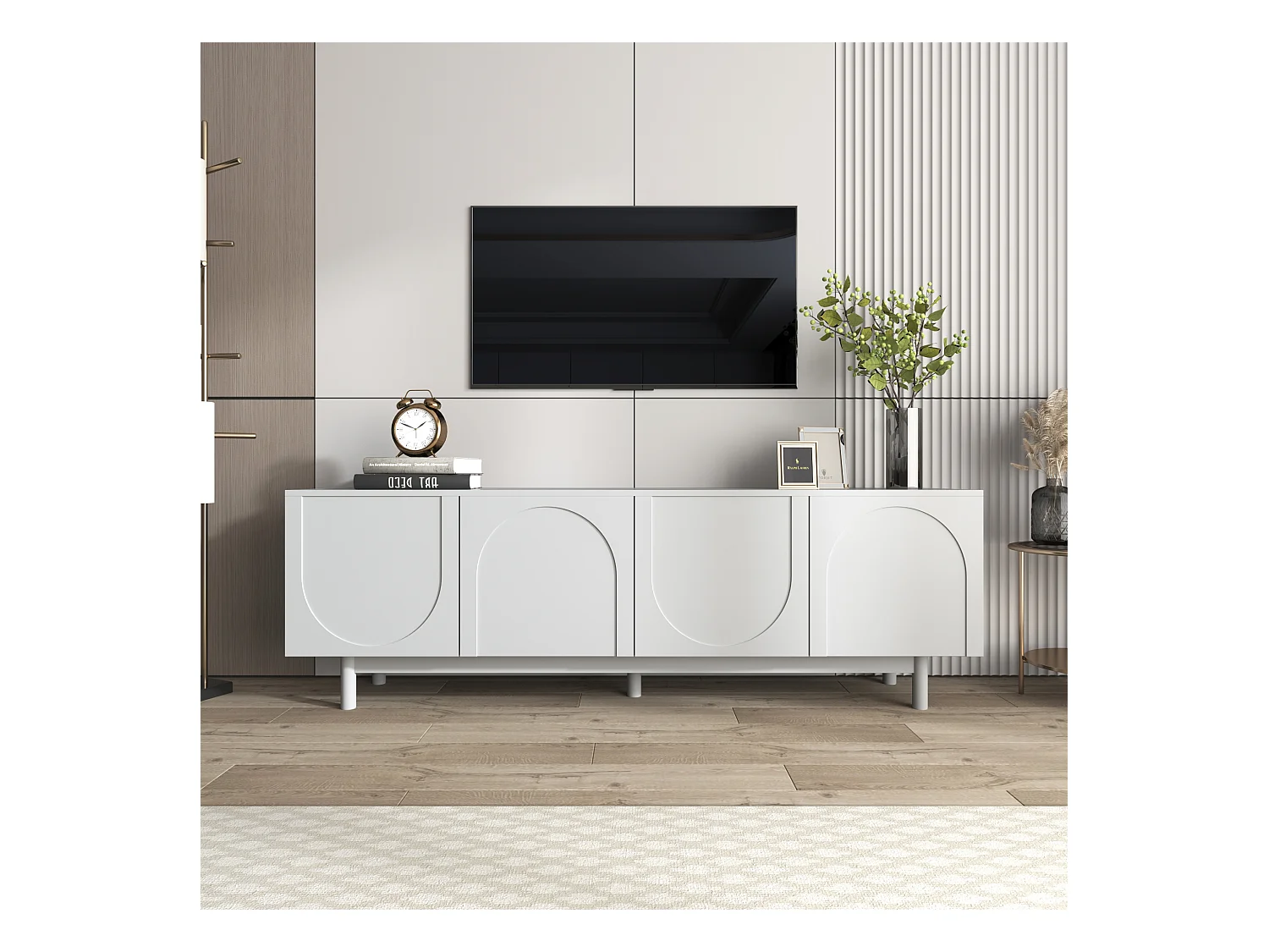 Mueble de TV de madera blanca de 175 cm con puertas push-to-open, almacenaje modular, salón moderno