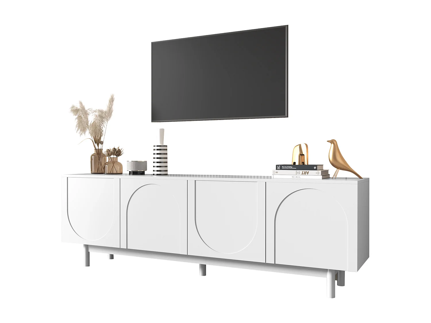 Mueble de TV de madera blanca de 175 cm con puertas push-to-open, almacenaje modular, salón moderno
