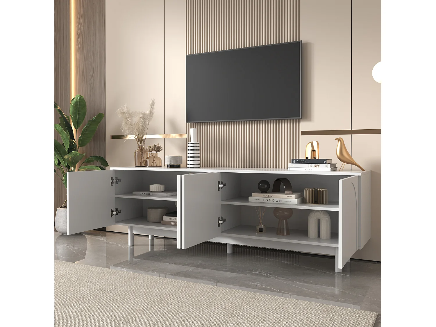 Mobile TV bianco 175 cm in legno con porte push-to-open range modulabile salon moderne