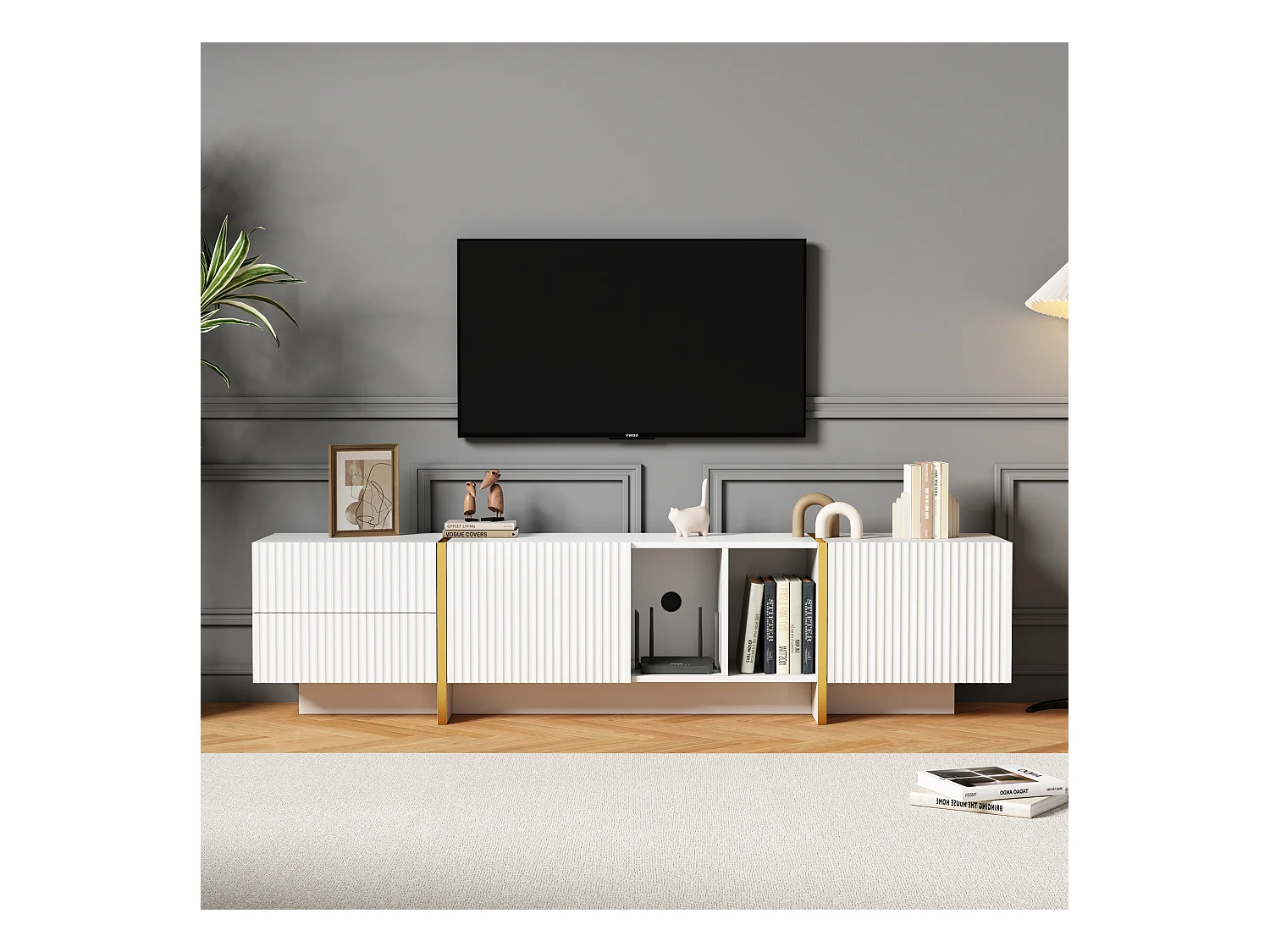 Mueble de TV blanco de 190 cm, diseño moderno, 2 puertas, 2 cajones, almacenamiento para TV de 80 pulgadas